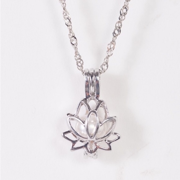 Silver Lotus Flower with Faux Pearl Charm Pendant Necklace - Picture 2 of 4